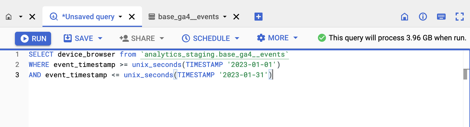 The query in BigQuery, indicating that it will scann 3.96 GB of data when run.
