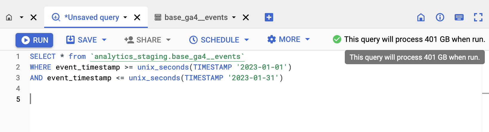 The query in BigQuery, indicating that it will scann 401 GB of data when run.
