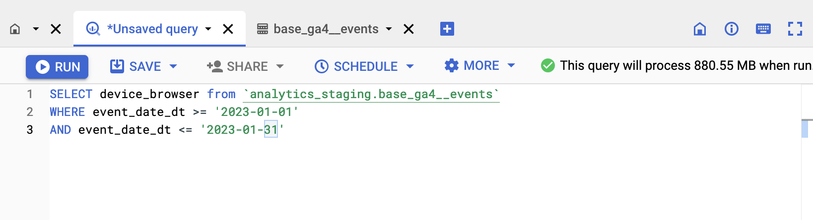 The query in BigQuery, indicating that it will scan 880 MB of data when run.